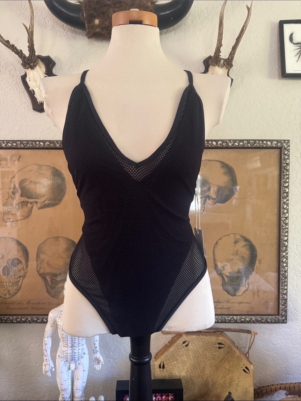 Tobi Black Mesh V-Neck G-string Swimsuit